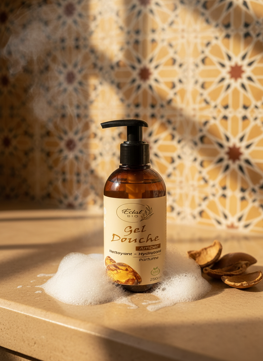 Gel Douche Éclat Bio dans salle de bain marocaine