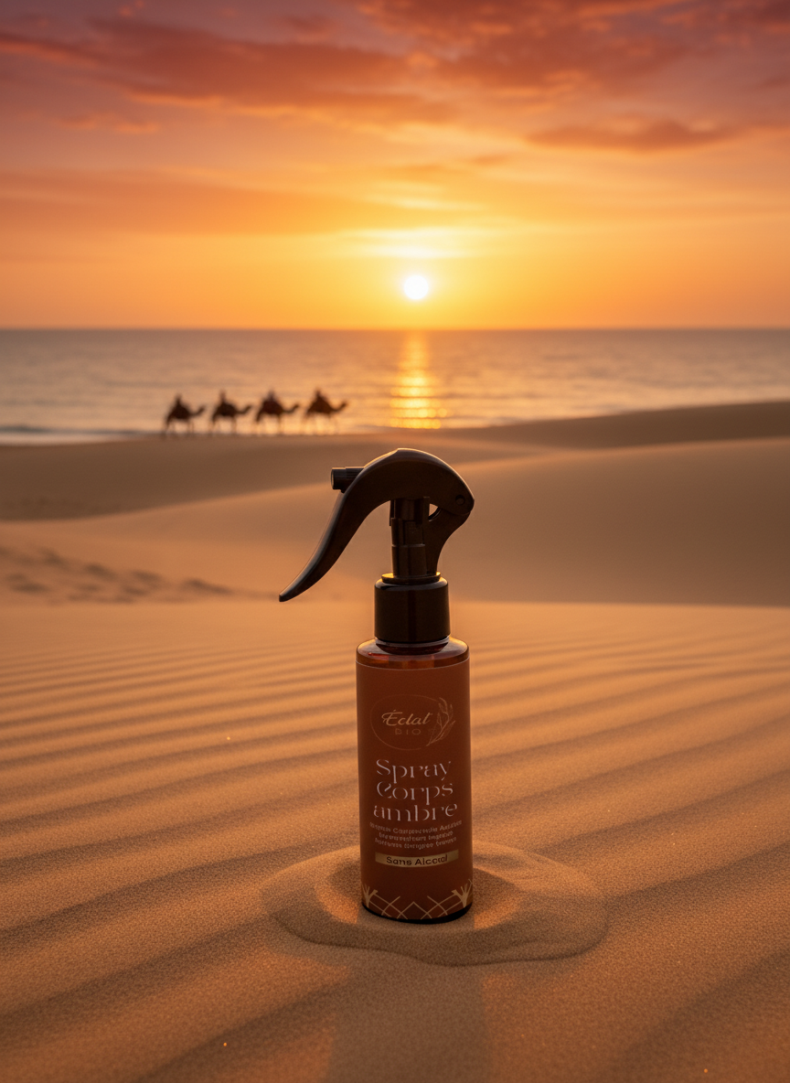 Spray Corps Ambre dans le désert avec chameaux et coucher de soleil