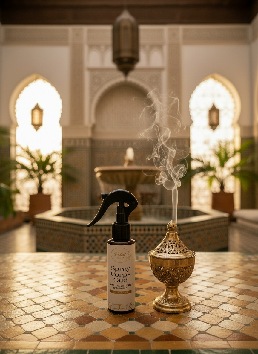Spray Corps Oud dans un riad marocain avec encensoir et fontaine